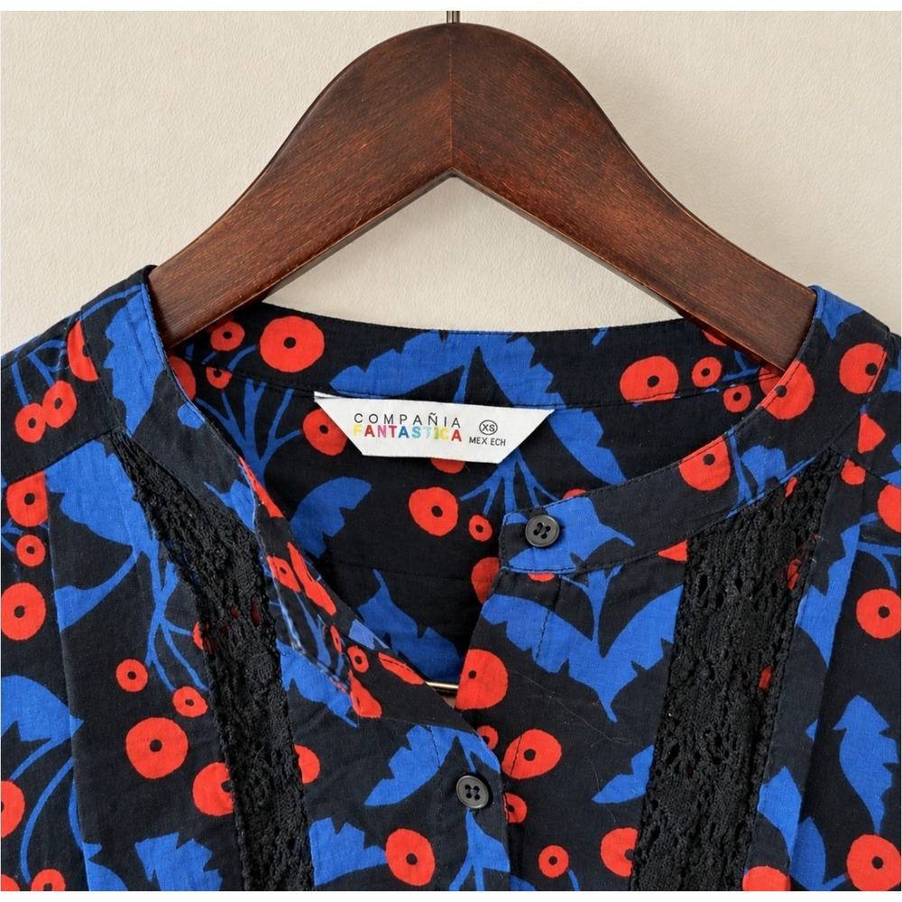 Compania Fantastica Women's Poppy Print Long-Sleeved Shirt With Lace Sz XS - Picture 7 of 8